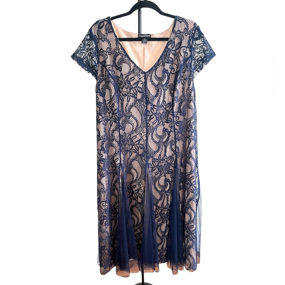 Elegant Navy Lace floral cocktail party modest church Midi Dress 2X